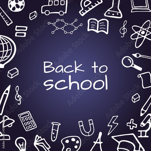 Hand drawn design set. Back to school. School board. Doodle style vector illustration isolated on blue background.