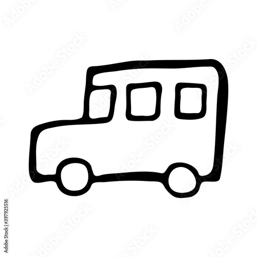 Hand drawn doodle style school bus in vector. Isolated illustration on white background. For interior design, wallpaper, packaging, poster
