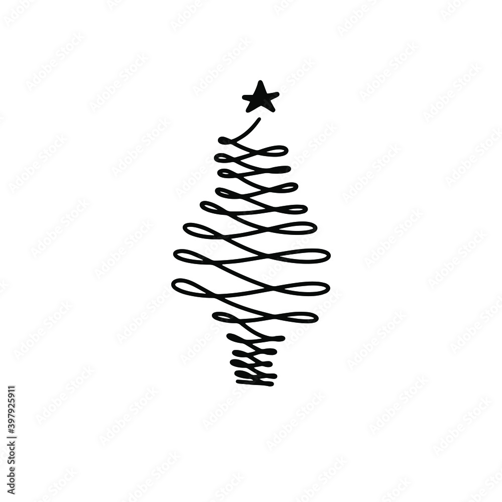 Christmas fir tree mono line curl spiral origami logo star on white background. Black sign pine hand drawn winter New year symbol vector illustration. Decoration brush doodle holiday greeting card. Christmas fir tree mono line curl spiral origami logo star on white background. Black sign pine hand drawn winter New year symbol vector illustration. Decoration brush doodle holiday greeting card.