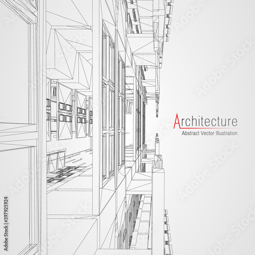 Architecture line background. Building construction sketch vector abstract. Modern city 3d project. Technology geometric grid. Wire blueprint house. Digital architect innovation wireframe.