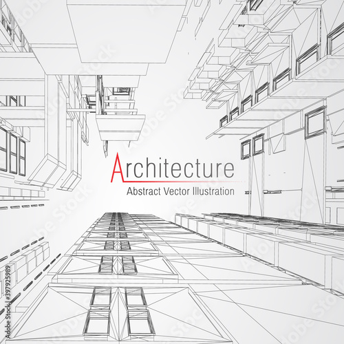 Architecture line background. Building construction sketch vector abstract. Modern city 3d project. Technology geometric grid. Wire blueprint house. Digital architect innovation wireframe.