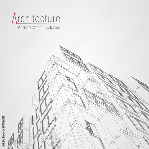 Architecture line background. Building construction sketch vector abstract. Modern city 3d project. Technology geometric grid. Wire blueprint house. Digital architect innovation wireframe.