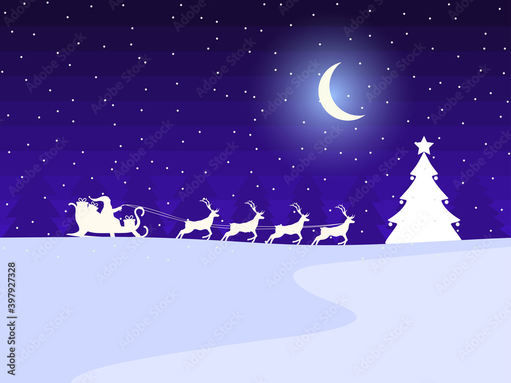 Naklejka premium Santa Claus in a sleigh with reindeer and winter landscape with fir trees and falling snow. Winter festive evening, Christmas Eve. Greeting card in a modern design style. Vector illustration