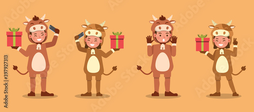 Boy and girl wearing cow costumes character vector design. Presentation in various action with emotions. no14