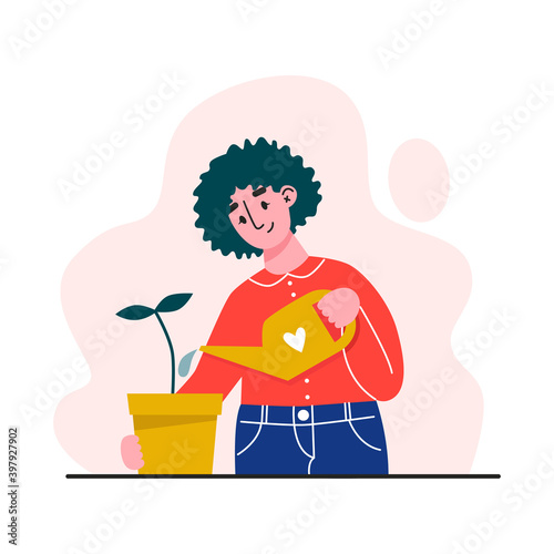 Young woman watering houseplant. Caring for indoor plants. Flat vector illustration.