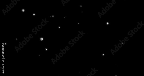 3D Illustration realistic winter snow fall with snowflake shape Christmas xmas overlay twinkling sparkling stars space in isolated black elegant luxury gold night sky background