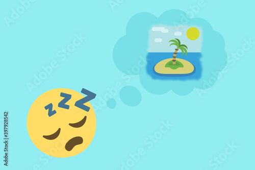sleeping face emoji and thought bubble with island icon on light blue background dreaming concept vector illustration