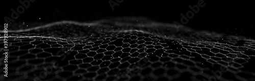 Futuristic black hexagon background. Futuristic honeycomb concept. Wave of particles. 3D rendering. photo