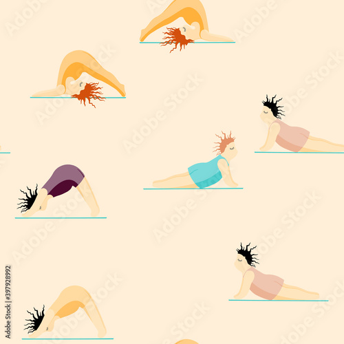 Girls Doing Yoga. Seamless Pattern Woman Pose Yoga