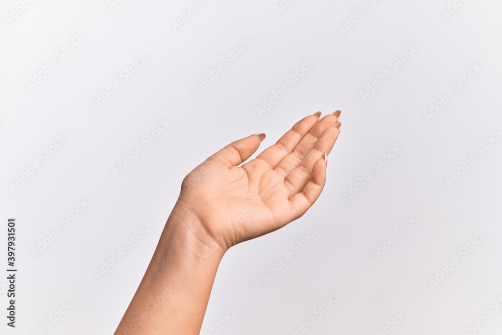 Naklejka premium Hand of caucasian young woman presenting with open palm, reaching for support and help, assistance gesture