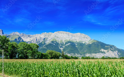 Panoramic view on Breche de Faraut mountain range in French Prealps in summer