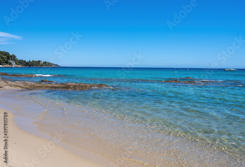 Summer vacation on French Riviera  crystal clear azure blue water of  Mediterranean sea in Saint Clair near Le Lavandou  Var  Provence  France