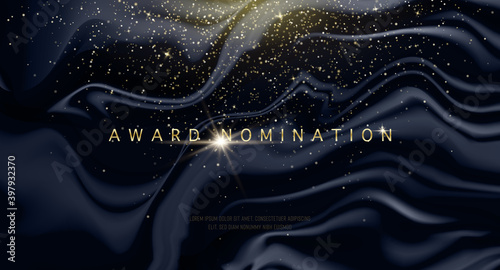 Award nomination ceremony luxury background with golden glitter sparkles and black waves . Vector presentation shiny poster. Film or music festival design poster template. photo