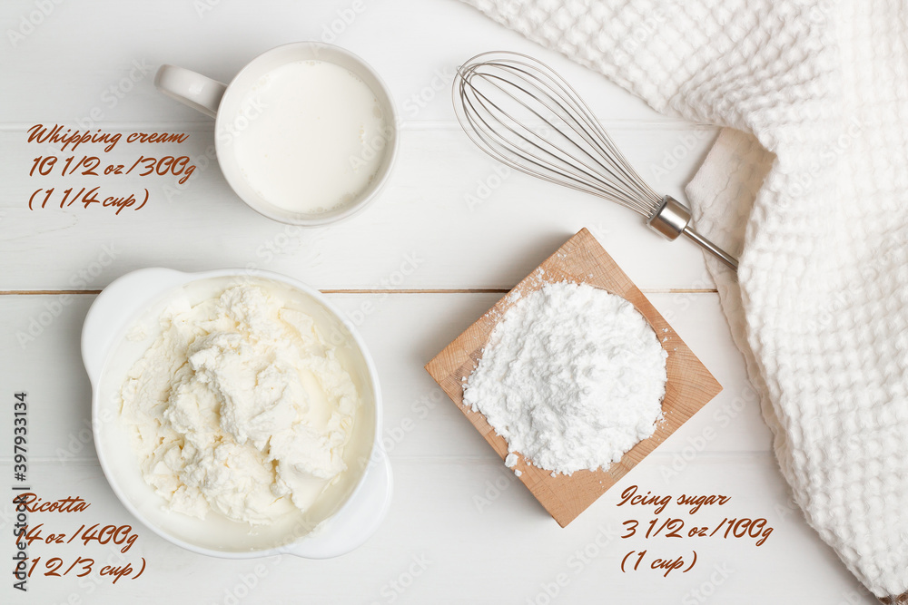 Step-by-step heart-shaped cake recipe instructions. Step 6, ingredients for the cream. Powdered sugar, ricotta, cream.