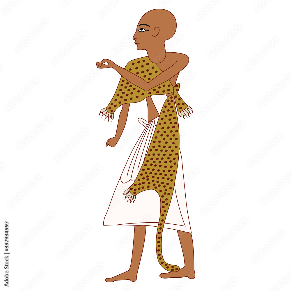 Standing bald ancient Egyptian priest in leopard skin. Stock Vector
