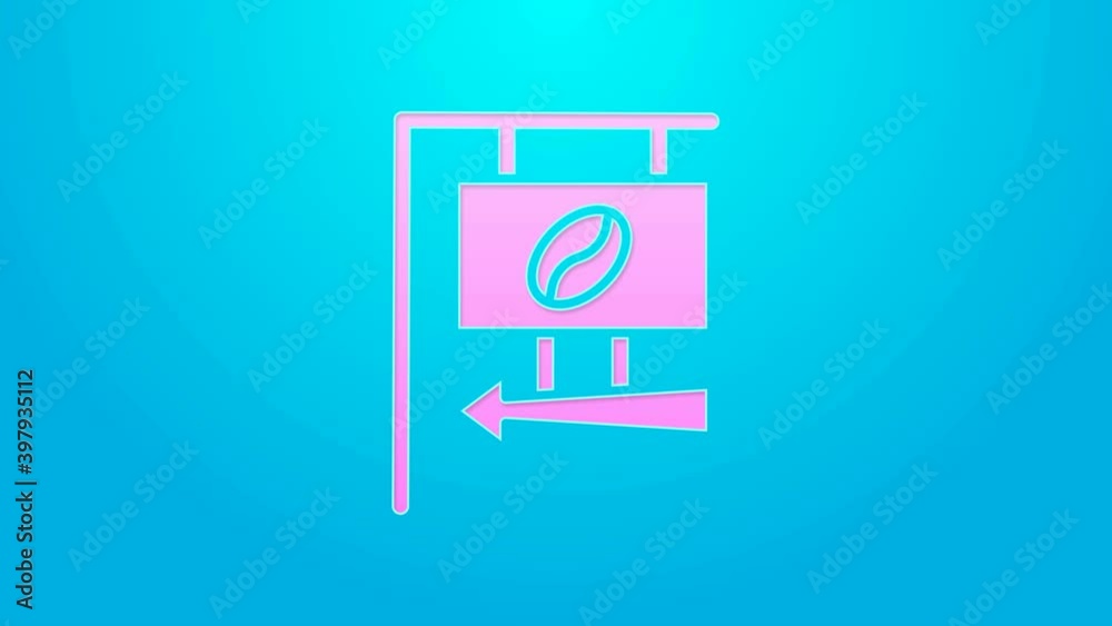 Pink line Street signboard coffee icon isolated on blue background. 4K Video motion graphic animation Pink line Street signboard coffee icon isolated on blue background. 4K Video motion graphic animation