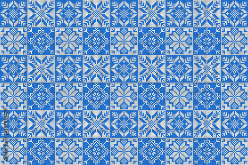 Vector background - repeating scandinavian pattern in the form of snowflakes in blue