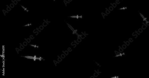3D illustration isolated black background white vaccine  bottle package syringe injection needle futuristic innovation covid research develop success trail effective protect result cure coronavirus 