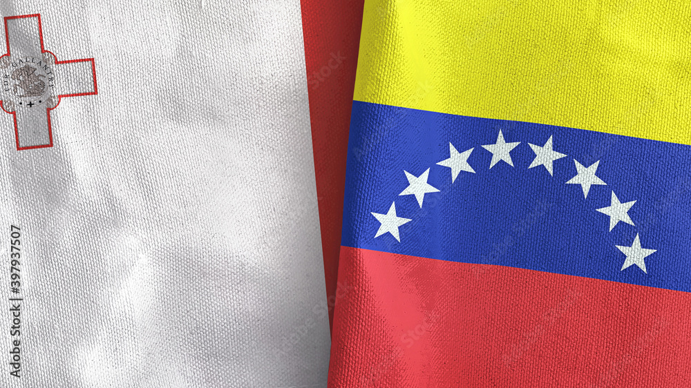 Venezuela and Malta two flags textile cloth 3D rendering