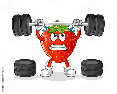 strawberry lifting the barbell character. cartoon mascot vector