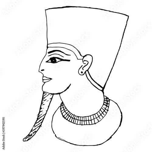 Head of ancient Egyptian pharaoh. Hand drawn linear doodle ink sketch. Black silhouette on white background.