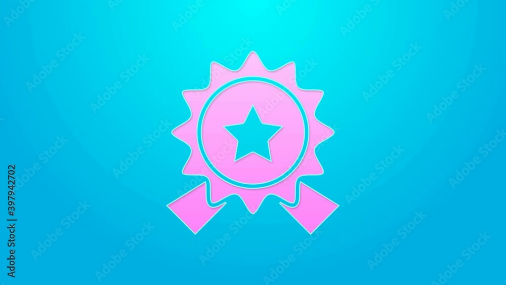 Pink line Medal with star icon isolated on blue background. Winner achievement sign. Award medal. 4K Video motion graphic animation Pink line Medal with star icon isolated on blue background. Winner achievement sign. Award medal. 4K Video motion graphic animation