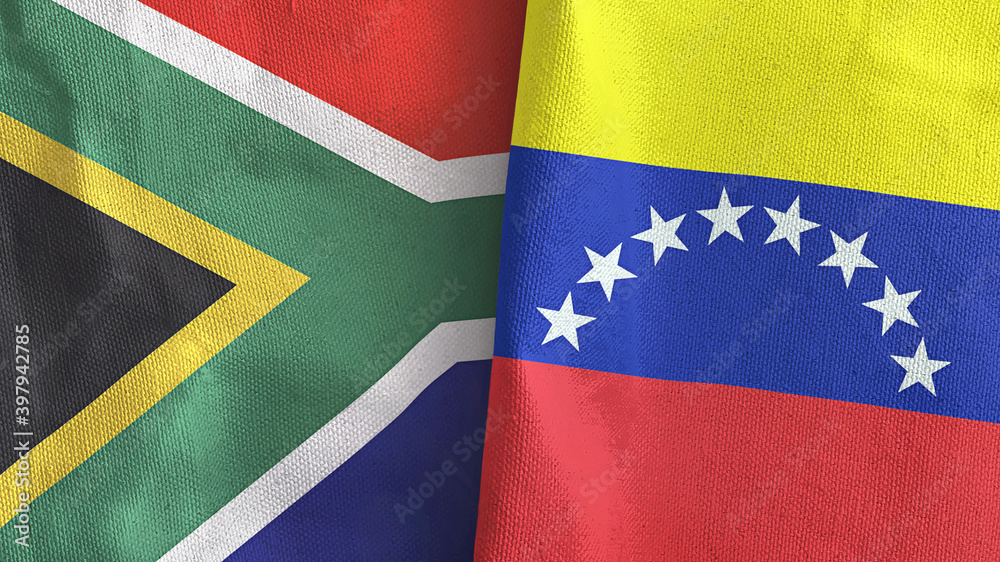Fototapeta premium Venezuela and South Africa two flags textile cloth 3D rendering
