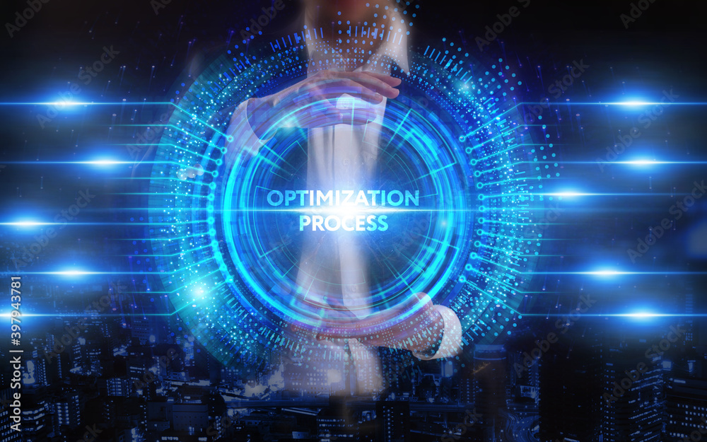 Business, Technology, Internet and network concept. Young businessman working on a virtual screen of the future and sees the inscription: Optimization process Business, Technology, Internet and network concept. Young businessman working on a virtual screen of the future and sees the inscription: Optimization process