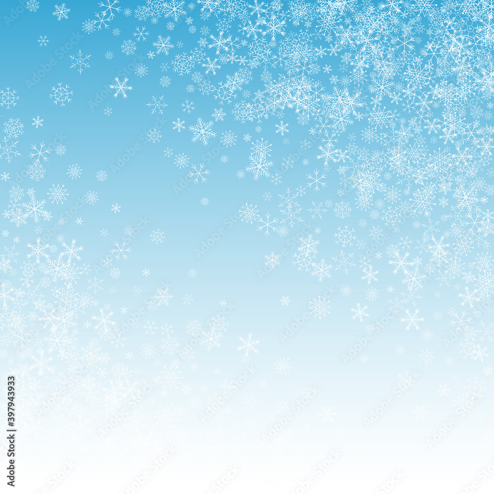 Silver Snowfall Vector Blue Background. Xmas 