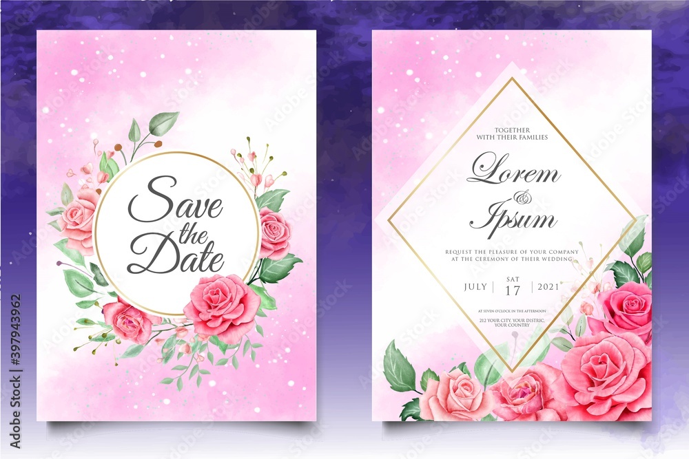 Watercolor wedding invitation floral and leaves card template