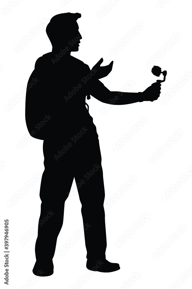 Young man with camera filming vlog silhouette vector