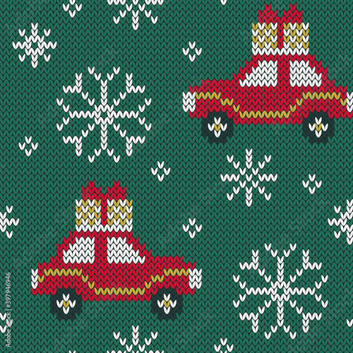 Christmas car jacquard knitted seamless pattern. Winter funny background for socks or sweater design. Vector illustration.