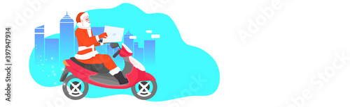 santa claus driving scooter and using laptop merry christmas happy new year holidays celebration concept cityscape background horizontal full length vector illustration