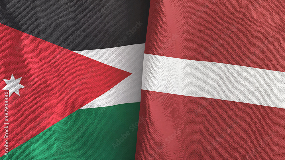 Latvia and Jordan two flags textile cloth 3D rendering