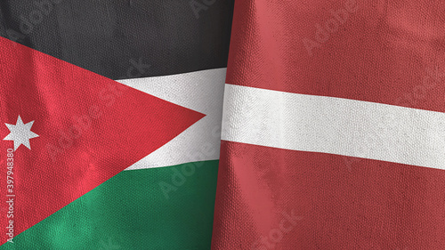 Latvia and Jordan two flags textile cloth 3D rendering