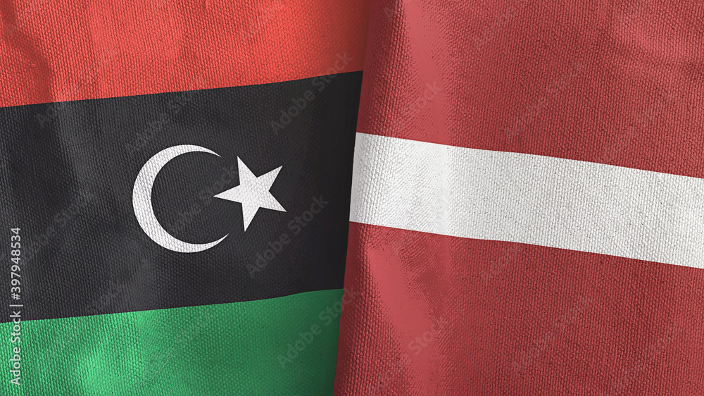 Latvia and Libya two flags textile cloth 3D rendering