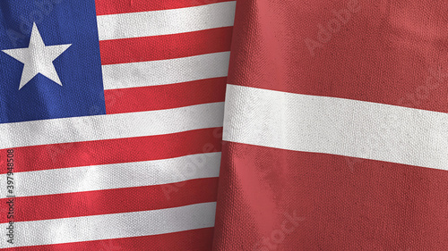 Latvia and Liberia two flags textile cloth 3D rendering