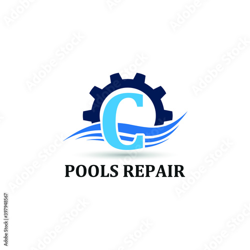 Initial C letter for swimming pools and aquatic venue repairing, setting and service company logo template 