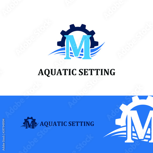 Initial M letter for swimming pools and aquatic venue repairing, setting and service company logo template 
