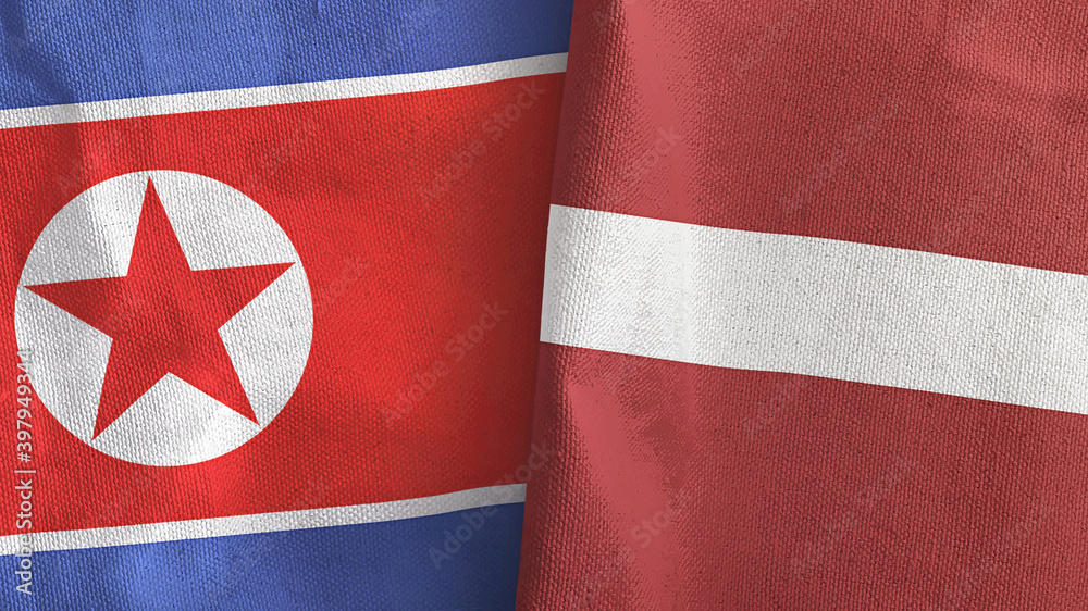 Latvia and North Korea two flags textile cloth 3D rendering