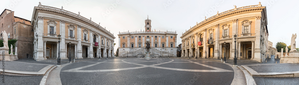 Panoramic view of the square at Capitoline Hill during sunrise, Rome, Italy