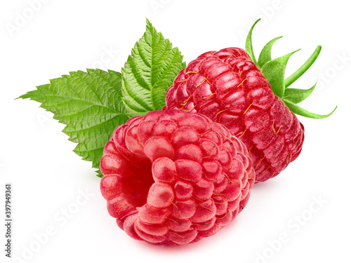 Two raspberry with leaves isolated on white background. Raspberry with Clipping Path. Professional food photography