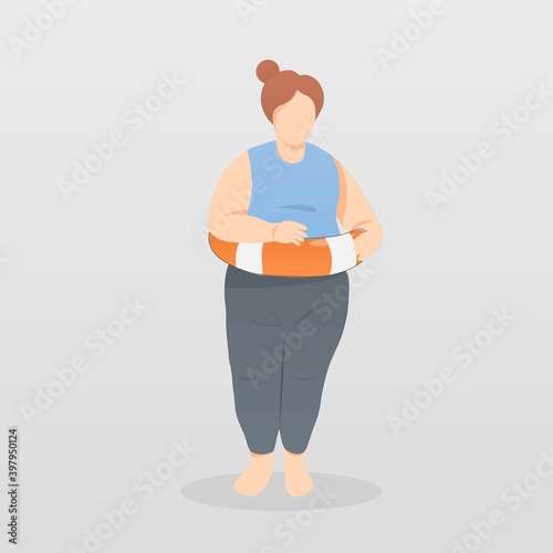 A fat woman standing worry about her body shape and weight,felling embarrassed and not confident in yourself, so her put on a rubber ring to cover  waist,Vector illustration.