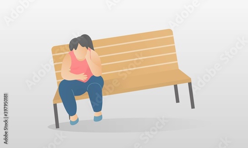Fat woman sitting sad on bench,overweight causes the bench to tilt,She worry and strain about body shape herself,