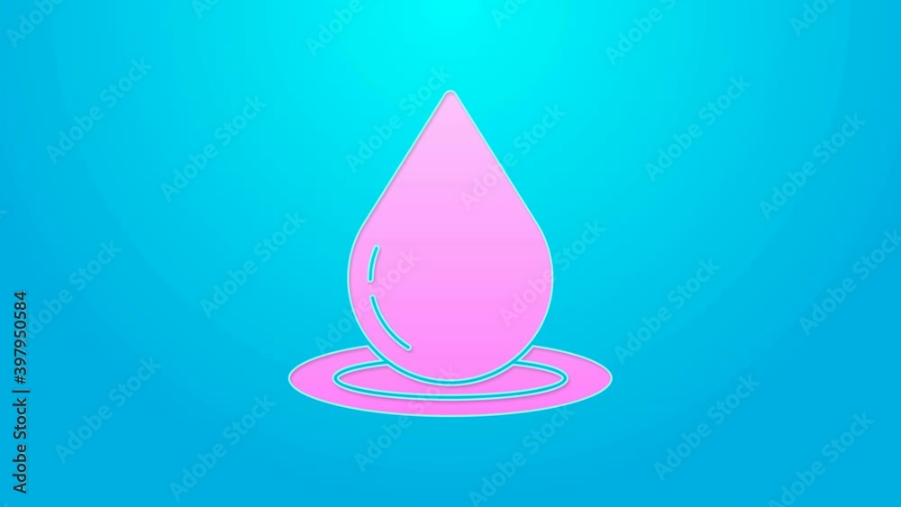 Pink line Water drop icon isolated on blue background. 4K Video motion graphic animation Pink line Water drop icon isolated on blue background. 4K Video motion graphic animation