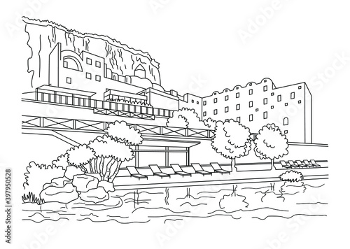 Vector illustration of a city landscape with mountains and houses, embankment, beach, sun beds, trees, river and rocks. Coloring pages. Floral print.Europe. Monochrome buildings linear drawing.Sketch.