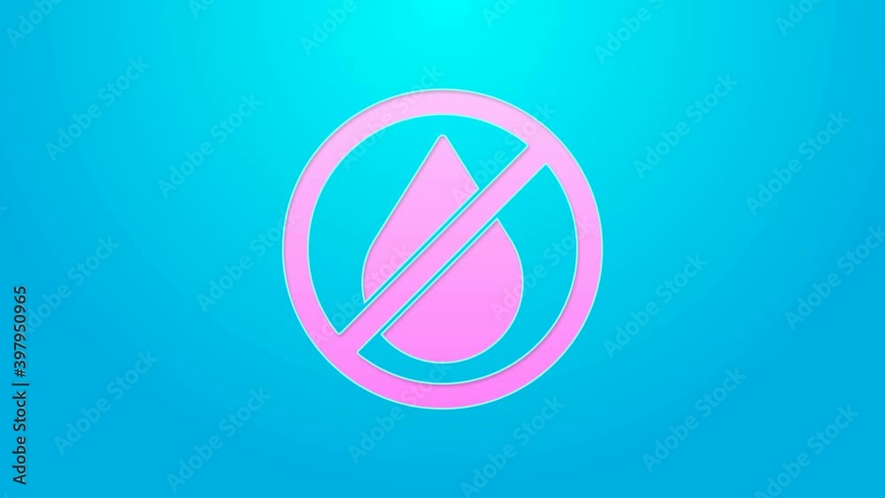 Pink line Water drop forbidden icon isolated on blue background. No water sign. 4K Video motion graphic animation Pink line Water drop forbidden icon isolated on blue background. No water sign. 4K Video motion graphic animation
