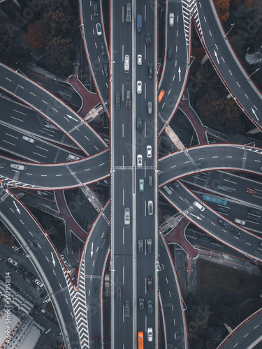 Photography Aerial view of the complicated overpass bridges in Shanghai, China