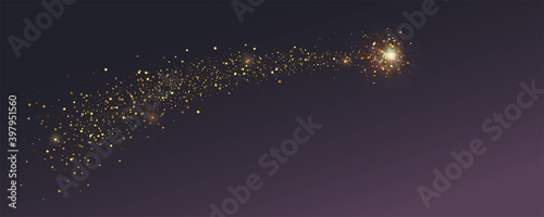 Glittering golden Bethlehem Star. Flying comet with shimmering dust. Abstract background. Vector illustration.