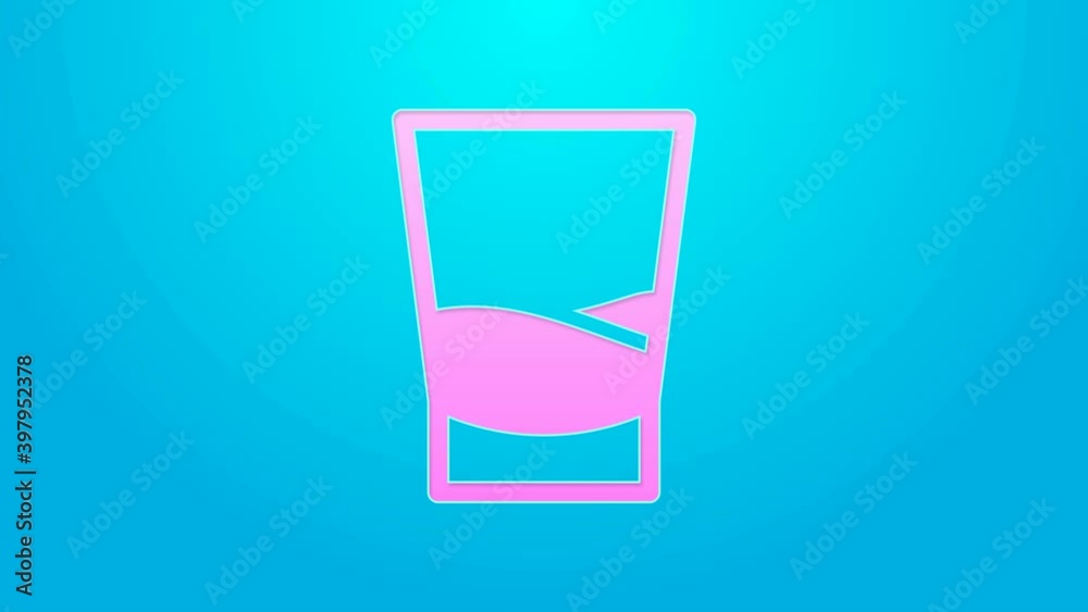Pink line Glass of vodka icon isolated on blue background. 4K Video motion graphic animation Pink line Glass of vodka icon isolated on blue background. 4K Video motion graphic animation